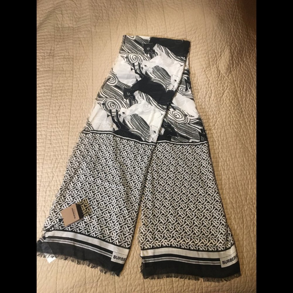 Black and White Burberry deer and monogram scarf, NWT